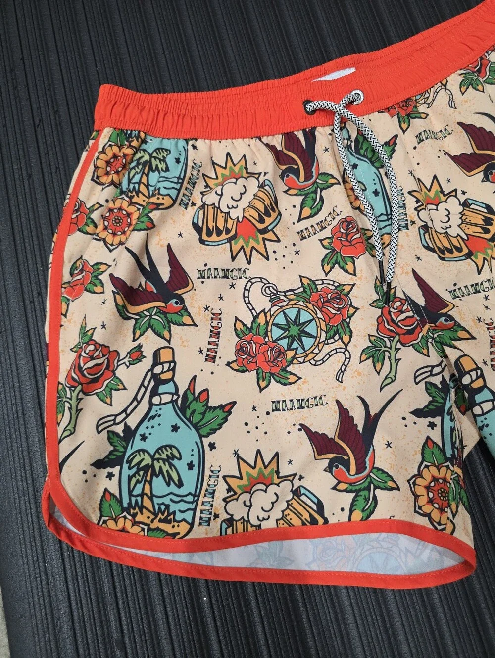 Maamgic Graphic Tattoo Print Artsy Mens Swim Trunks XL Beige Orange Tropical